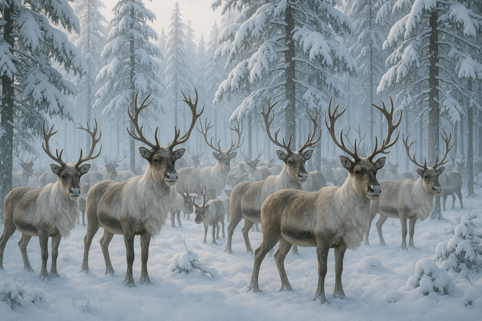 reindeer herd in snowy forest